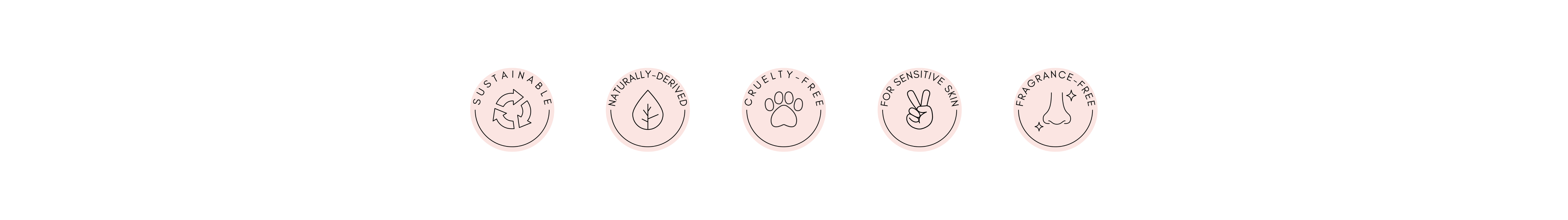 set of icons with text sustainable, naturally derived, cruelty free, for sensitive skin and fragrance free