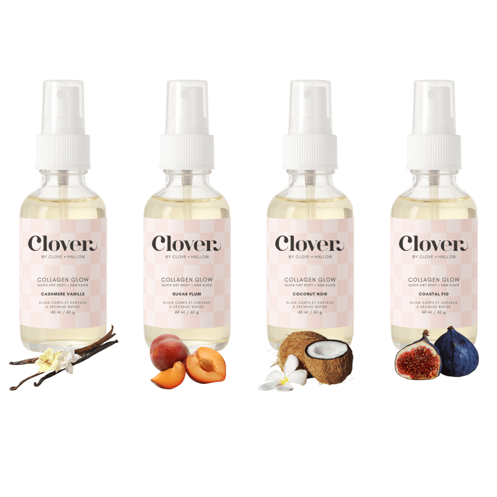 Clover by Clove + Hallow Skincare Collagen Glow Collection: Set of 4 Perfumed Quick-Dry Body + Hair Elixirs Collagen Glow Collection: Set of 4 Perfumed Quick-Dry Body + Hair Elixirs